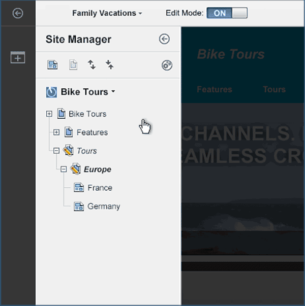 Animated screen capture of the site manager tree view that highlights the context menu for a page. The animation shows the cursor move to the page Europe and select the context menu icon. The context menu for the page Europe opens.