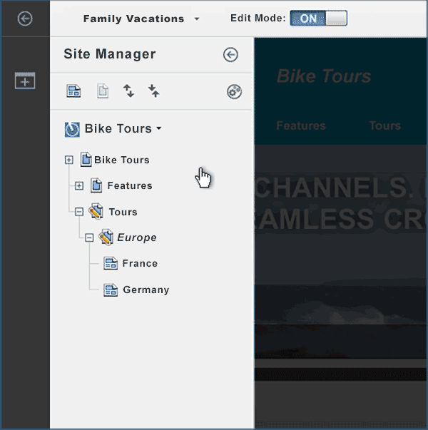 Animated screen capture of the site manager tree view and how to access the context menu for a page. The cursor navigates to the page Europe and selects the context menu icon. The context menu then opens for the page Europe. Finally, an annotation explains that site manager combines the hierarchy of pages and content items in your site with editing options that you can find in the context menu of a page or content item.